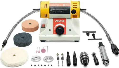 VEVOR Pulidora de Banco, Pulidora de 1/2HP, Pulidora con Velocidad de 0 a 8000RPM con 4" Rueda de Tela, 3" Rueda de Molienda y 3" Rueda de Fibra
