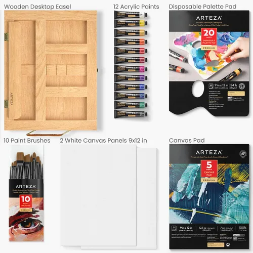 Miniatura 2 de Arteza Juego de arte acrílico, incluye caballete de mesa, 12 tubos de pintura acrílica, papel de paleta, 10 pinceles, almohadillas de lienzo