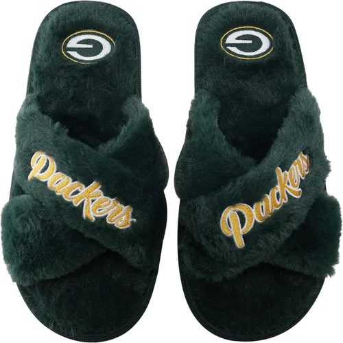 Miniatura 12 de FOCO Pantuflas deslizantes cruzadas mullidas con logotipo de texto del equipo NFL para mujeres