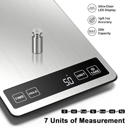 Miniatura 3 de Fuzion Báscula de alimentos, báscula de cocina de 1g/0.1 oz, gramos y onzas, 22 libras, 7 unidades, funciones de tara y temporizador, potencia