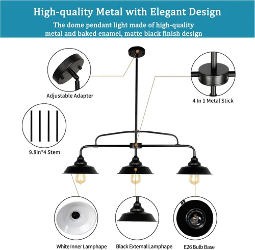 Miniatura 5 de Moderno accesorio de iluminación colgante negro de granja, 3 luces, lámpara colgante de metal para isla de cocina, comedor, sala de estar, pasillo