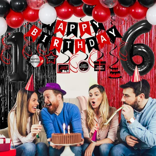 Miniatura 3 de Decoraciones de 16 cumpleaños para niños y niñas, Globos de fiesta de 16 rojos y negros, Bandera número 16, Globos colgantes en espiral, Mantel