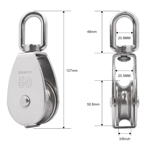 Miniatura 2 de M15 - Bloque de Tracción de Polea Simple con Gancho Giratorio para Grúa de Elevación, Acero Inoxidable 304, Cuerda de 1/4 pulgadas x Roldana de 3/5