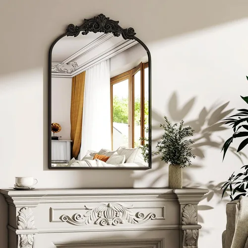 Miniatura 9 de Espejo de baño arqueado de 38" x 26", espejo de pared con marco de metal tallado y arte tallado en la parte inferior, espejo de tocador