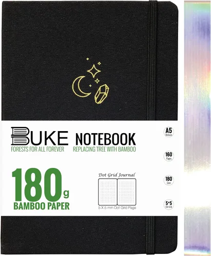 Miniatura 14 de BUKE Cuaderno de cuadrícula de puntos, papel blanco de bambú de 6.35 oz/m², 5 puntos de 0.197 x 0.197 in, 160 páginas, encuadernación plana, bordes