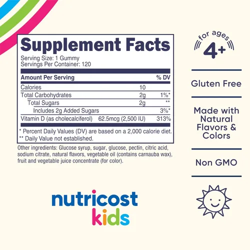 Miniatura 2 de Nutricost Gomitas de vitamina D3 para niños, 2,500 UI (62.5 mcg), 120 gomitas - Sabor a bayas mixtas