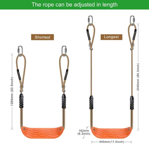 Miniatura 4 de BeneLabel Juego de 2 columpios color naranja con cuerda de longitud ajustable de 50 a 80 pulgadas, asientos de 220 libras de capacidad, columpios