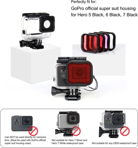Miniatura 2 de Filtro de buceo para GoPro 7, 6, 5, Super Suit - Juego de 4 filtros de carcasa de buceo (color rojo, magenta, rosa esnórquel, filtro macro)