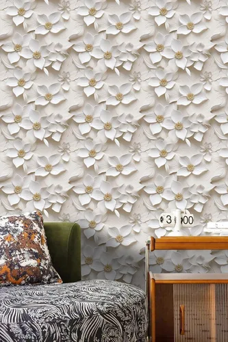 Miniatura 28 de Papel tapiz floral 3D para despegar y pegar, efecto visual 3D, 17.7"x78.7" pulgadas, autoadhesivo, extraíble, flor marrón amarillento, papel tapiz