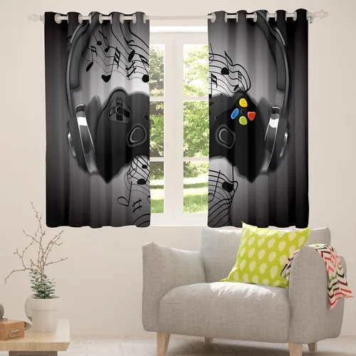 Miniatura 4 de Cortinas de juegos negros y grises, con diseño de notas musicales, cortina de ventana de gamepad para niños, decoración de sala de videojuegos