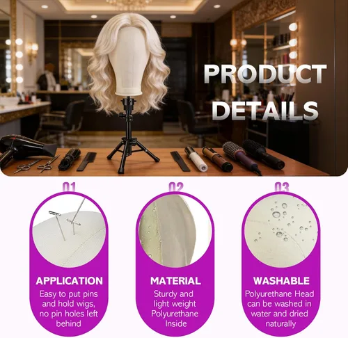 Miniatura 5 de Neverland Beauty & Health Cabeza de maniquí para peluca de 22 pulgadas con soporte trípode, juego de cabeza de lona para maniquí para fabricación