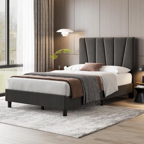 Garvee Base de cama de tamaño individual con cabecera ajustable, base de cama tapizada de lino con listones de madera fuertes, base de colchón, no