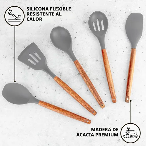 Miniatura 2 de Zulay Kitchen Juego de utensilios de cocina de silicona antiadherente con auténticas asas de madera de acacia, juego de utensilios de cocina de 5