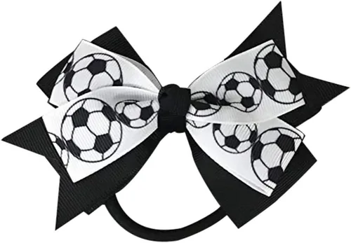 Sportybella - Juego de accesorios para el cabello de fútbol: adorables impresiones de balón de fútbol en blanco y negro, lazos para el cabello,