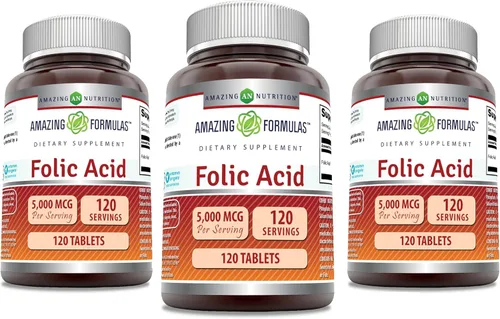 Miniatura 9 de Amazing Formulas - 5000 Mcg de ácido fólico por porción, suplemento de tabletas, sin OMG, sin gluten, fabricado en Estados Unidos