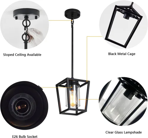 Miniatura 5 de SGLfarmty Luces colgantes negras para isla de cocina, 1 luz moderna de granja, jaula de metal ajustable, lámpara colgante con pantalla de vidrio