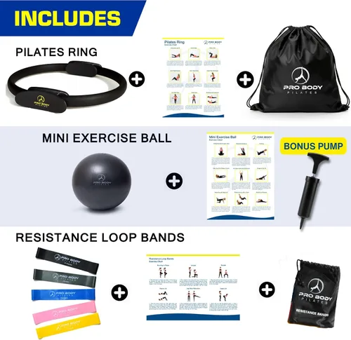 Miniatura 3 de ProBody Pilates Juego de anillos con anillo de círculo mágico de 14 pulgadas, pelota de ejercicio de 9 pulgadas, 5 bandas de resistencia, bomba