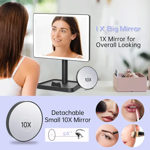 Miniatura 5 de FUNTOUCH Espejo de tocador de maquillaje recargable con luces, espejo de escritorio grande iluminado con 96 luces LED y aumento de 10x, iluminación
