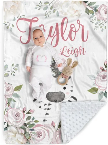Miniatura 20 de Manta de bebé personalizada, manta de felpa suave con respaldo de puntos de doble capa para niños y niñas, nombre personalizado con diseño de animal