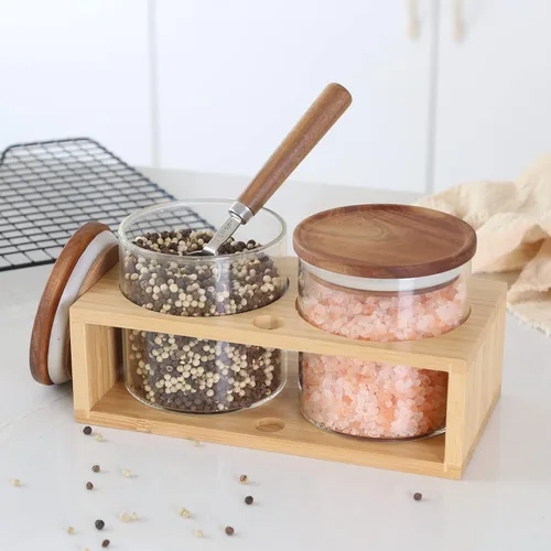 Miniatura 4 de KKC HOME ACCENTS Frascos herméticos de vidrio de borosilicato para almacenamiento de alimentos con tapas de madera y cuchara para café, té, azúcar