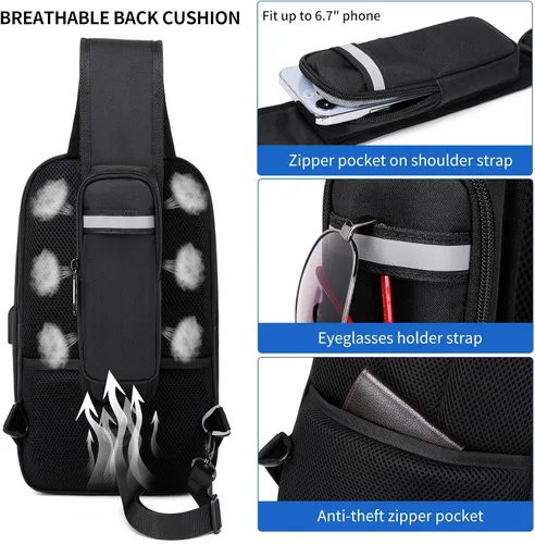Miniatura 41 de DUSLANG Mochila de hombro para senderismo, bolsa cruzada para hombres, bolsas de pecho con puerto de cargador USB para campamento casual, ciclismo