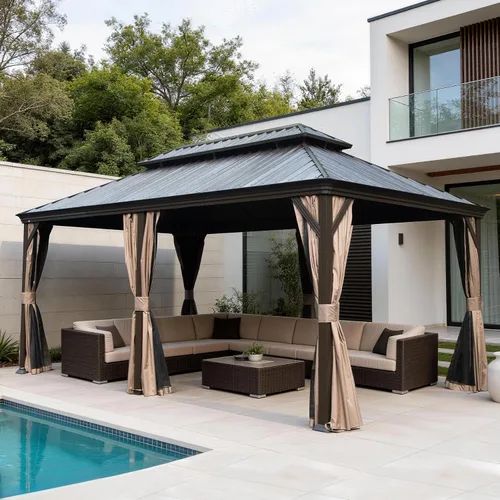 Miniatura 21 de Domi - Cenador de techo rígido de 8 x 8 pies con malla y cortinas, cenador para exteriores con techo doble de acero galvanizado para patio, césped
