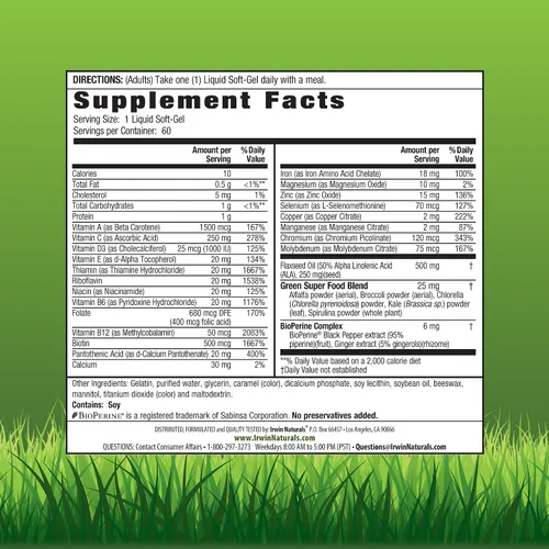 Miniatura 2 de Irwin Naturals Only One Liquid Gel Multi con Hierro Vitaminas esenciales diarias, minerales, antioxidantes, Omega-3 y Super Alimentos Verdes - 60