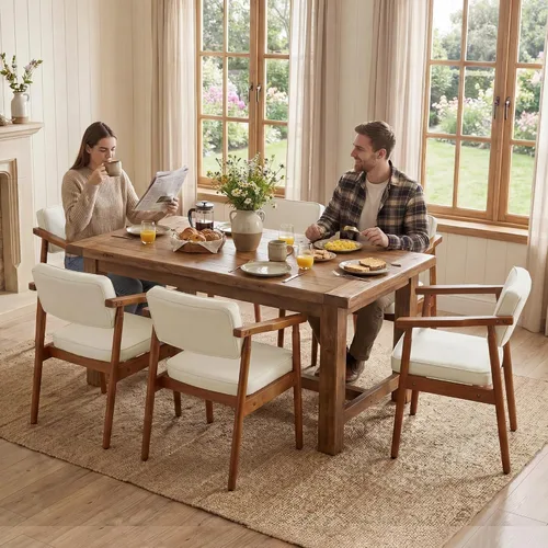 Miniatura 8 de LSSPAID Juego de 1 silla de comedor de mediados de siglo, sillón tapizado en tela de lino beige con reposabrazos de madera, respaldo cómodo, silla