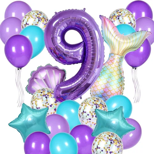 Miniatura 9 de Decoraciones de cumpleaños de sirena, kit de globos de cola de sirena, decoración de fiesta para niñas de 1 año (Número 1)