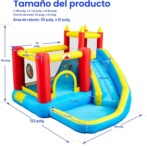 Miniatura 2 de WELLFUNTIME - Casa inflable para saltar con tobogán, castillo hinchable con ventilador, pared de escalada, diana, aro de baloncesto y 50 pelotas
