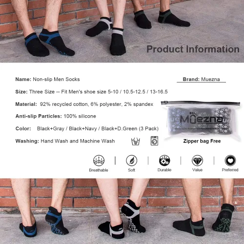 Miniatura 4 de Muezna - Calcetines antideslizantes para hombre para yoga pilates barre Bikram fitness hospital con agarre
