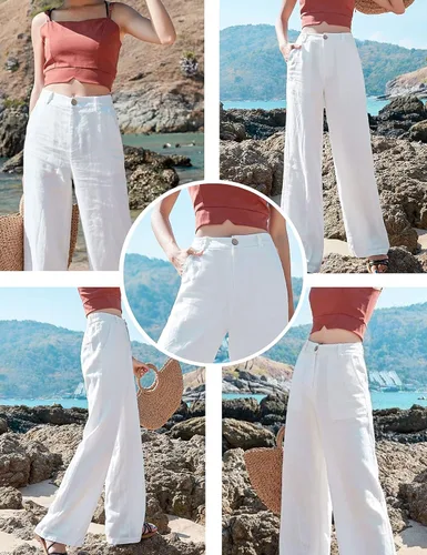 Miniatura 4 de Hooever Pantalones casuales de lino y algodón para mujer, con botones, cintura alta, pierna ancha