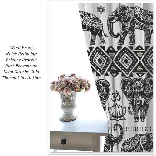 Miniatura 5 de Cortinas opacas de elefante, estilo étnico indio, bohemio, flores de loto de elefante blanco y negro, divertidas cortinas con patrón de animales
