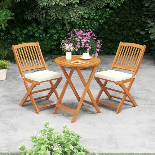 Miniatura 2 de HAPPYGRILL Juego de mesa y silla de 3 piezas con cojines plegables de madera y mesa auxiliar para balcón, jardín, patio trasero Blanco