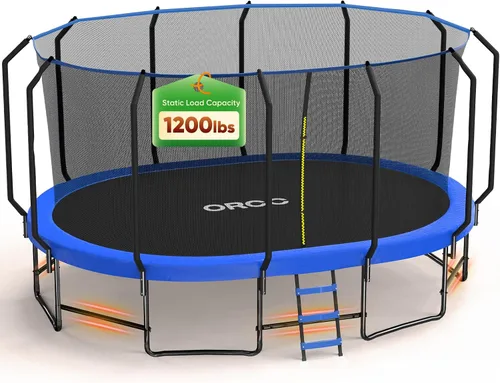 ORCC Trampolín ovalado para exteriores con red de seguridad, trampolín de gimnasia recreativa para niños, trampolines de jardín con marco de acero