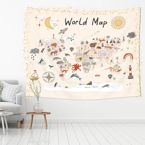 Miniatura 4 de Imirell Tapiz de mapa del mundo para niños, 59 pulgadas de ancho x 51 pulgadas de alto, lindo animal de dibujos animados, herramienta de aprendizaje