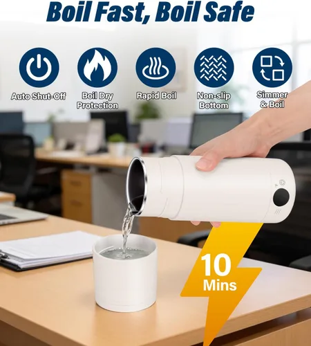 Miniatura 4 de Hervidor eléctrico portátil para viajes, hervidor de acero inoxidable 316, caldera de agua caliente con tapa y taza 2 en 1, hervidor de té de viaje