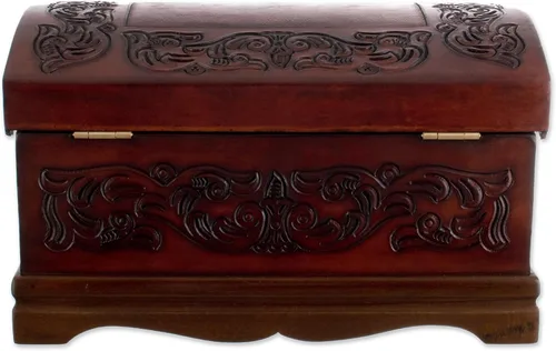 Miniatura 6 de NOVICA Caja de joyería de madera y cuero labrado Mohena con temática colonial, legado colonial