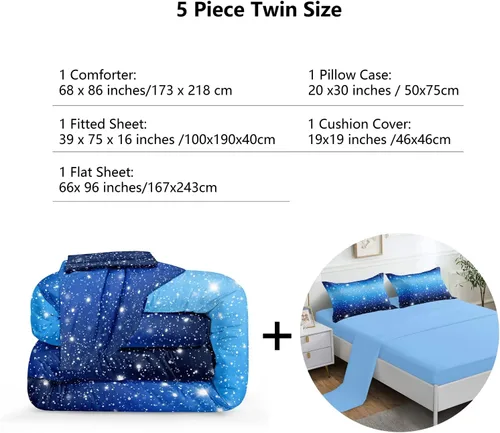 Miniatura 3 de ROWADALO DJT-GB5002-Juego de edredón de 5 piezas con brillo degradado azul con purpurina brillante, juego de ropa de cama de 5 piezas en una bolsa