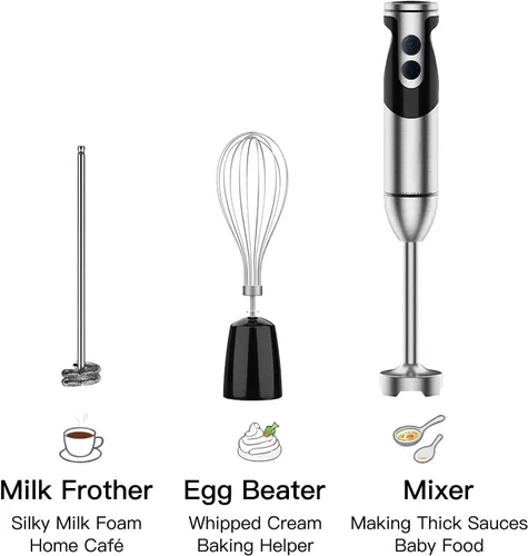 Miniatura 8 de Megawise Batidora de Mano de Alta Potencia – 400W de Potencia Máxima con Accesorios Versátiles 3 en 1 (Eje Mezclador, Batidor, Picadora); Diseño