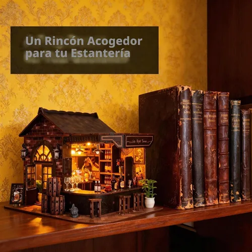 Miniatura 3 de Kit de rincón de libros, rompecabezas de madera 3D para bricolaje, casa en miniatura, taberna de esquina de pub vintage con luces LED, mini kit