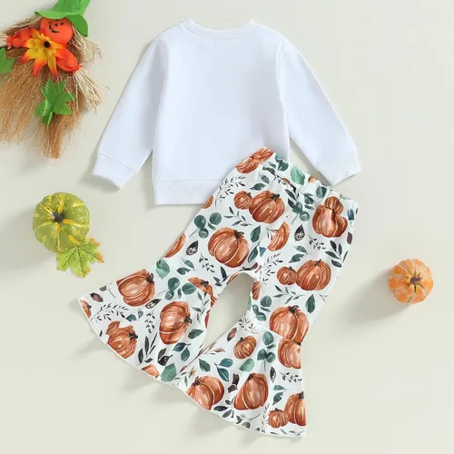 Miniatura 130 de Conjunto de sudadera con cuello redondo y estampado de pastel de calabaza para niña, camiseta y pantalones acampanados