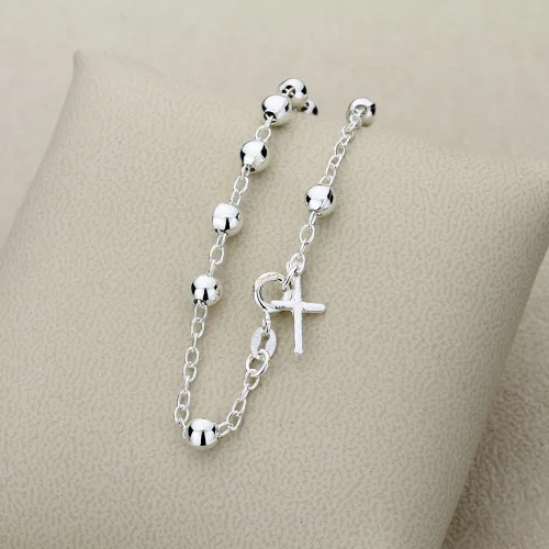 Miniatura 2 de Pulsera de plata de ley de 0.197in con cuentas de cruz lisa (7,25, 7,5 pulgadas)