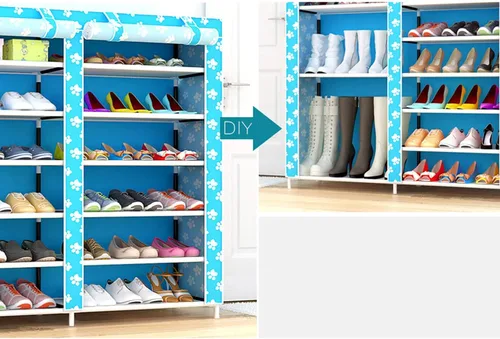 Miniatura 5 de Zapatero de 2 filas de metal, cubierta de tela multicapa a prueba de polvo, organizador de almacenamiento para dormitorio, sala de estar, puerta