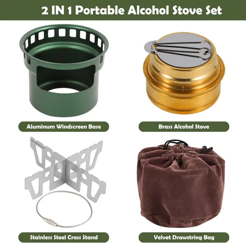 Miniatura 2 de Mini estufa de alcohol 2 en 1 para acampar, quemador de alcohol portátil con soporte cruzado de acero inoxidable, bolsa de almacenamiento, pequeña