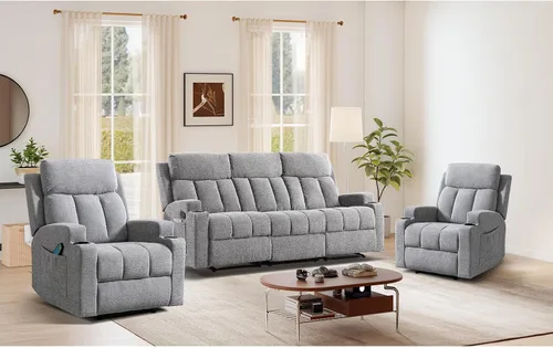 Miniatura 24 de CANMOV Juego de sofá modular reclinable manual, juegos de muebles de tela en forma de L, sofá esquinero modular reclinable y silla reclinable