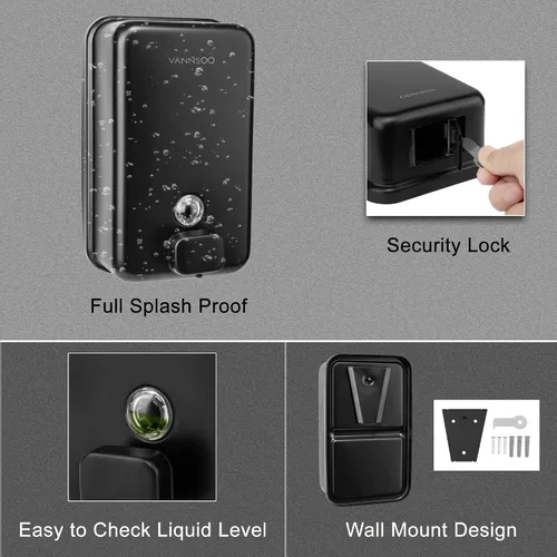 Miniatura 5 de Dispensador de jabón de manos montado en la pared, 40.6 fl oz, 40 onzas, dispensador de jabón líquido negro comercial de acero inoxidable para Negro