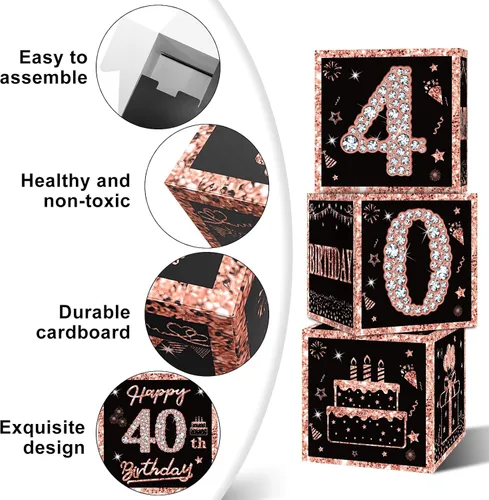 Miniatura 5 de Eiurteao Cajas de 3 piezas de decoraciones de cumpleaños número 40 para mujeres, cajas de globos de cumpleaños número 40 en oro rosa, suministros