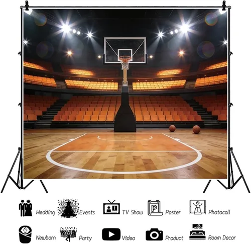 Miniatura 5 de Telón de fondo de baloncesto para decoración de fiesta de baloncesto, pancarta de 5 x 3 pies, foco de estadio, fotografía, telón de fondo