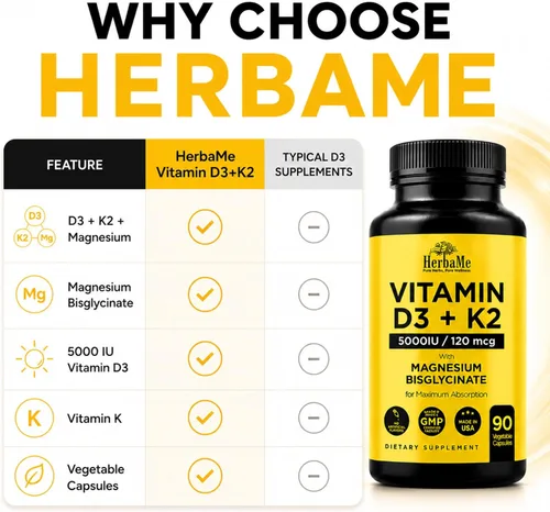 Miniatura 5 de HerbaMe Vitamina D3 5000 UI + K2 con bisglicinato de magnesio Fórmula completa de apoyo para la activación y absorción D3 Bienestar óseo